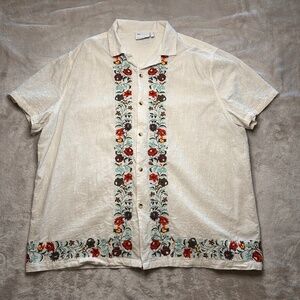 Asos Embroidered Hawaiian Camp Shirt Mens XL Floral Short Sleeve Linen Cotton